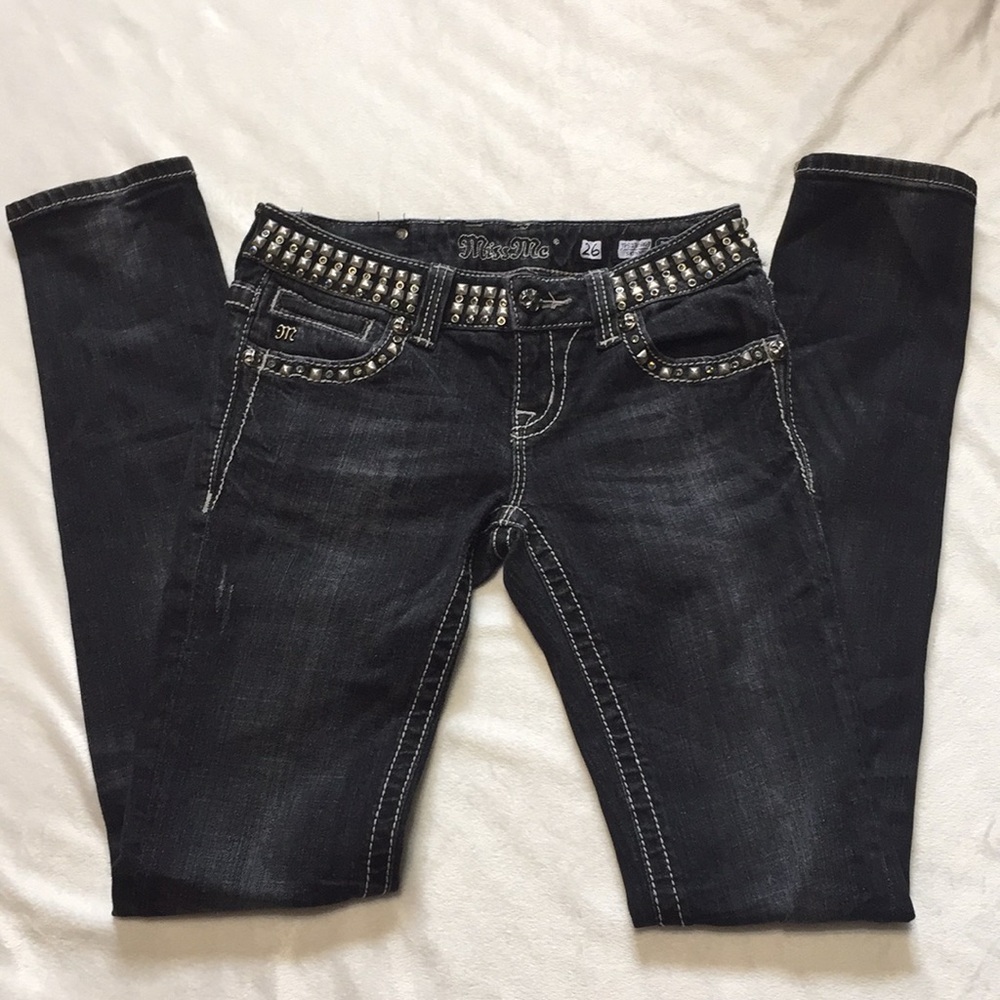 Miss Me Jeans. Black, Skinny, studded. Size 26.